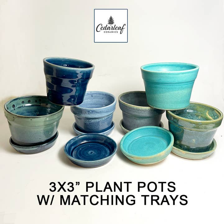 Macetas de 3"x 3" con bandeja a juego, pequeña maceta de cerámica. para venta al por mayor de Cedarleaf Ceramics