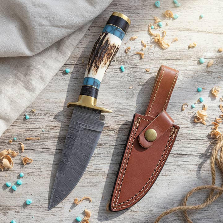 8' Damascus knife with leather sheath, Horn handle for wholesale by FH KNIVES