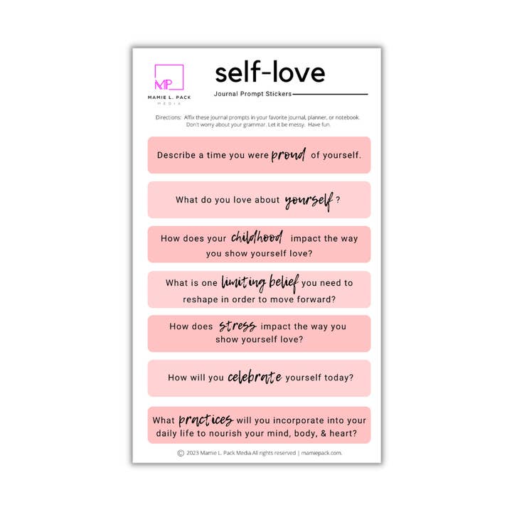 Self-love journaling prompt stickers for wholesale by Mamie L. Pack Media