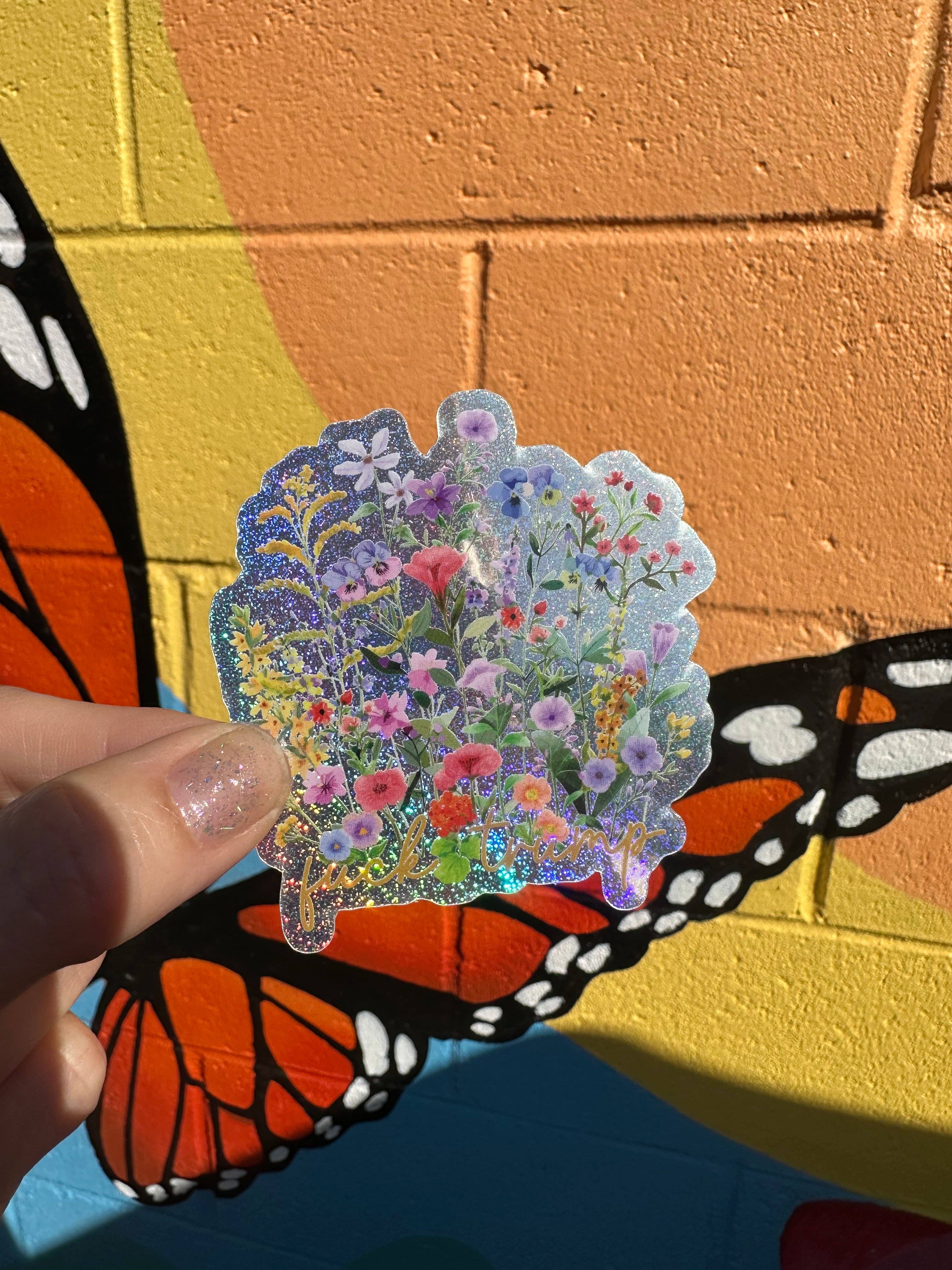 Hilarious Humanitarian - Wholesale Sticker - Hidden "Fuck Trump" Floral Pixie Glitter Sticker1