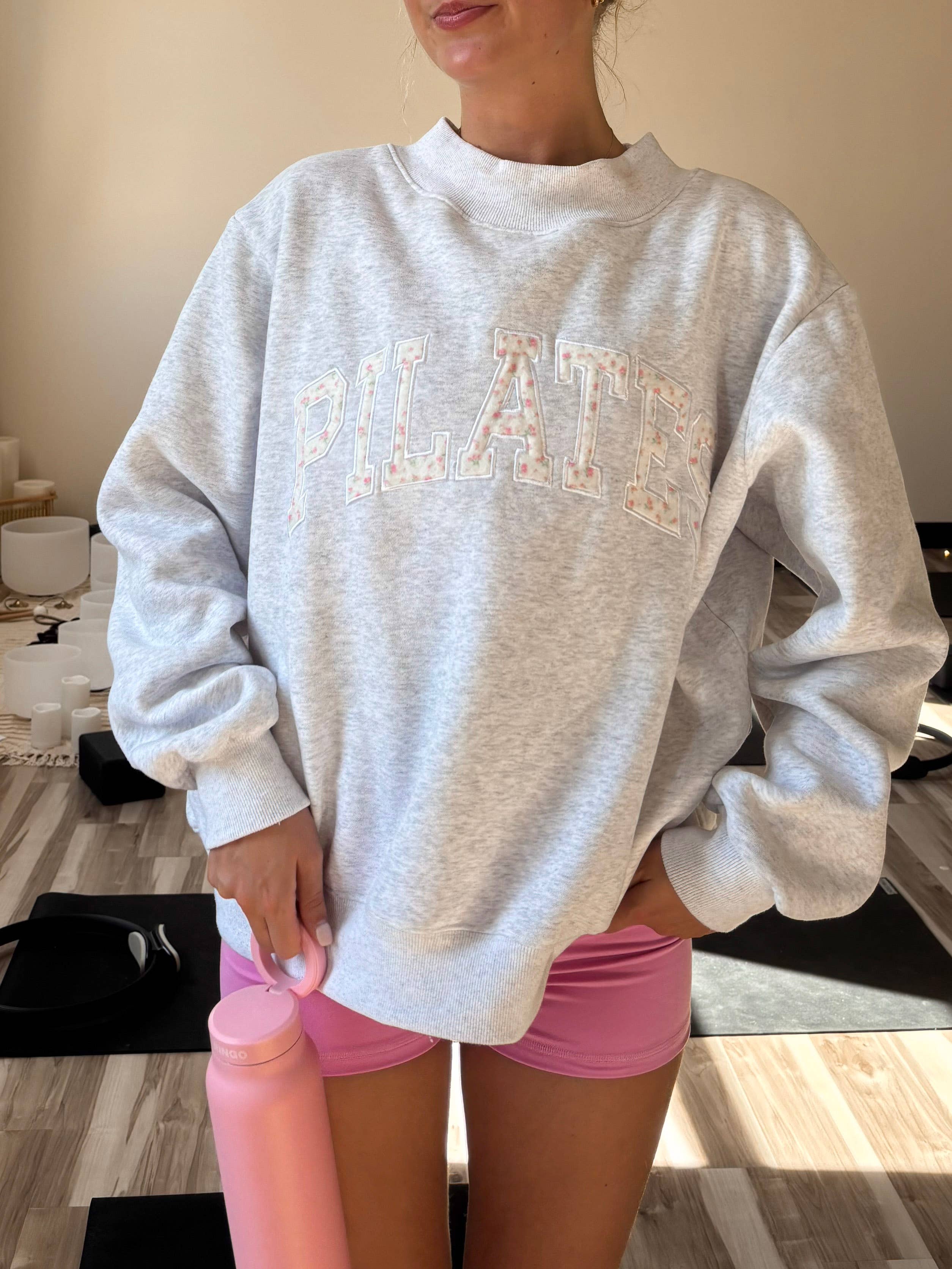 Pearl Grey Mockneck Pilates Embroider Sweatshirt for wholesale on Faire