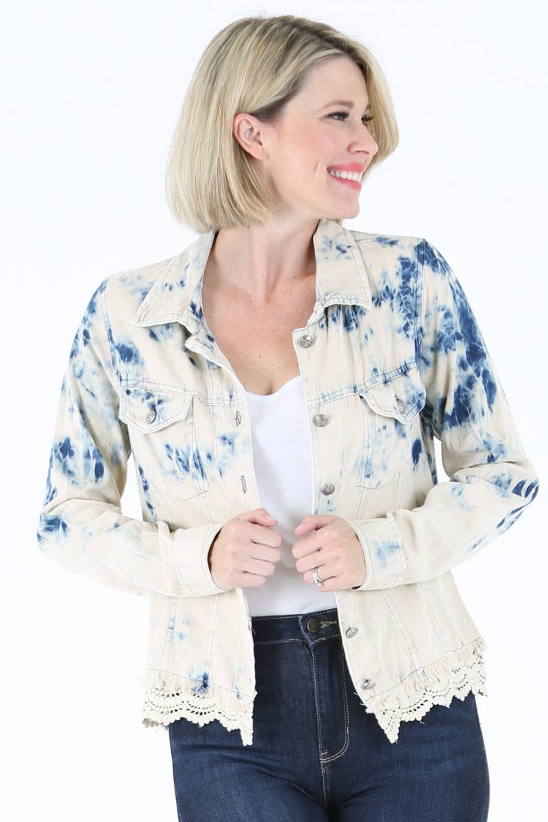 E2T83-ASIS BLEACH TIE DYE WASH DENIM JACKET WITH LACE HEM for wholesale on Faire5