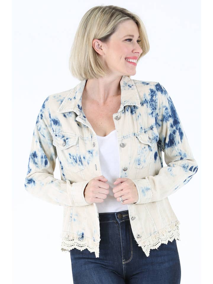 E2T83-ASIS BLEACH TIE DYE WASH DENIM JACKET WITH LACE HEM for wholesale on Faire5