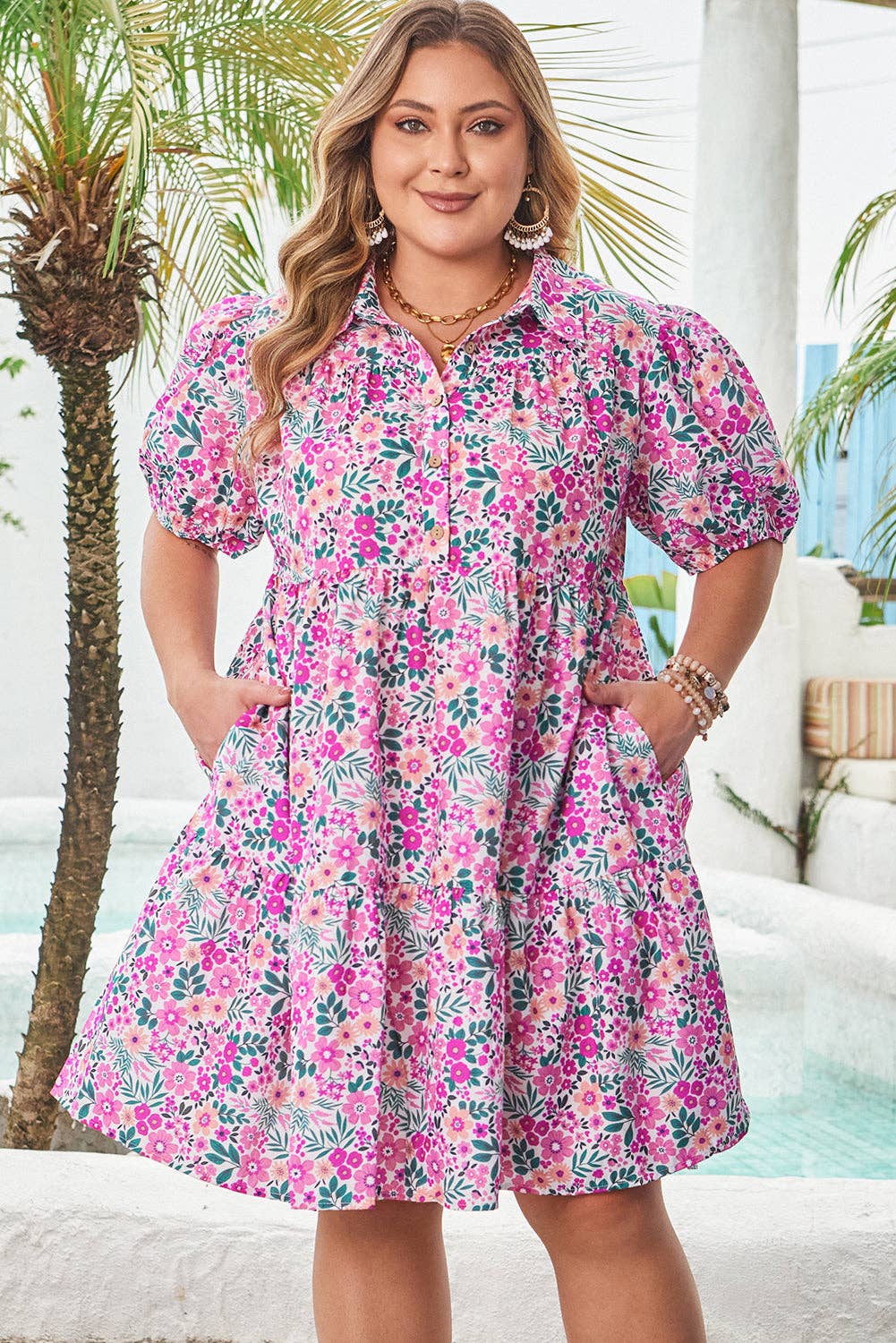Pink Plus Size Easter Floral Puff Sleeve Button A Line Dress for wholesale on Faire4