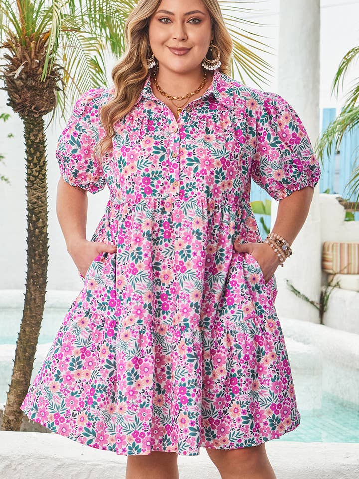 Pink Plus Size Easter Floral Puff Sleeve Button A Line Dress for wholesale on Faire4
