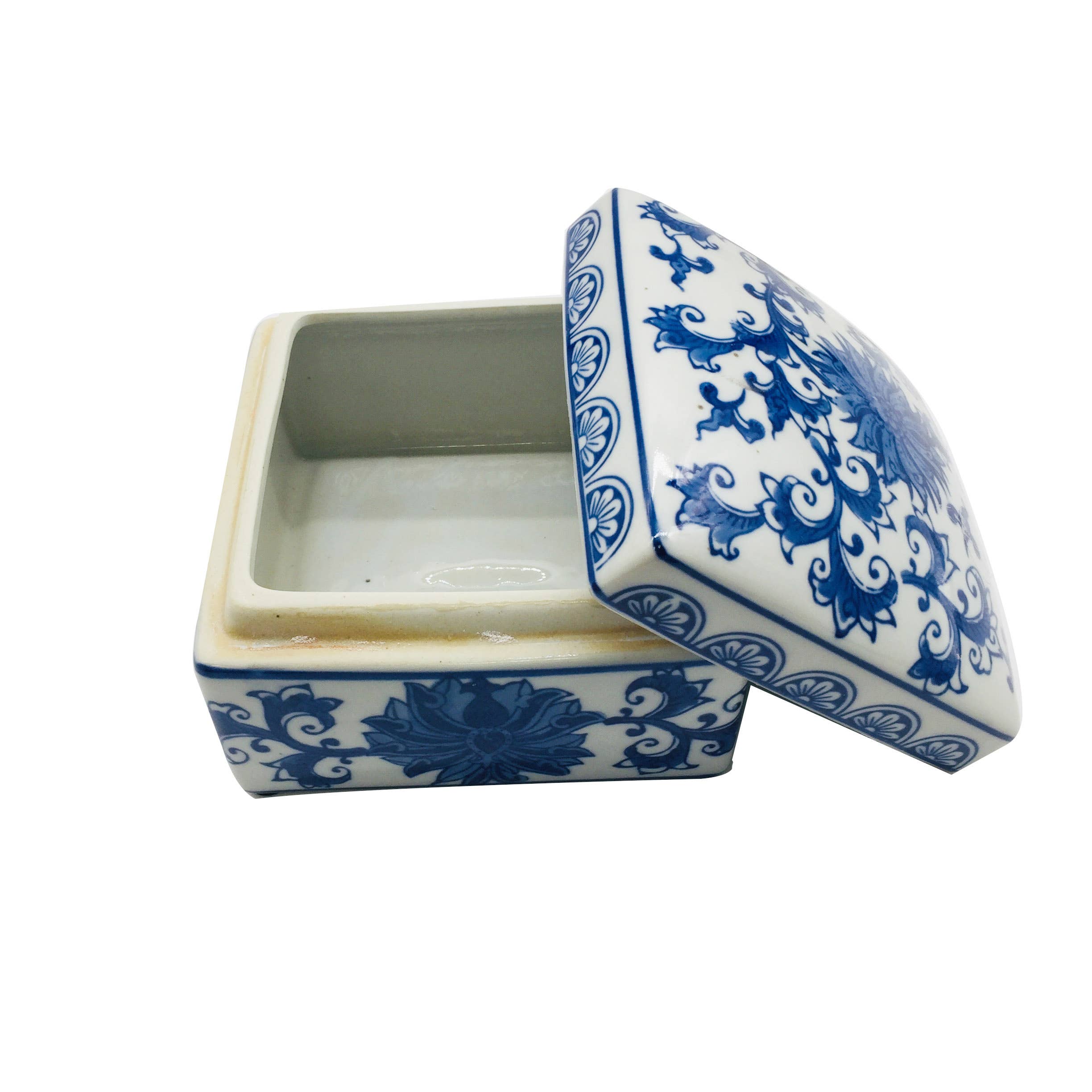 Galt International Company - Wholesale Decorative Box - Blue & White Chinoiserie Square Ceramic Box - Lotus2