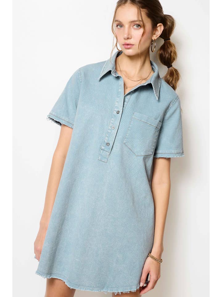 Sky MCD9319-Mineral Washed Raw Edge Light Denim Tunic Dress for wholesale on Faire