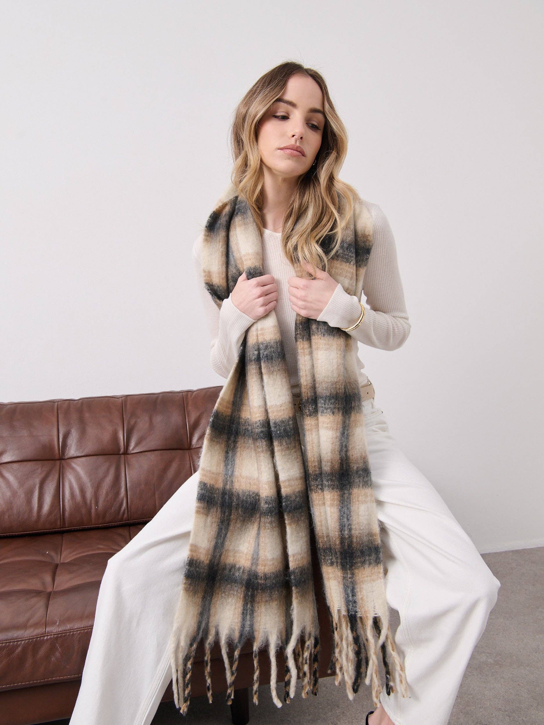 Angels Whisper Accessories - Wholesale Scarf - Women's - Elena Checkered Fluffy Scarf in White3