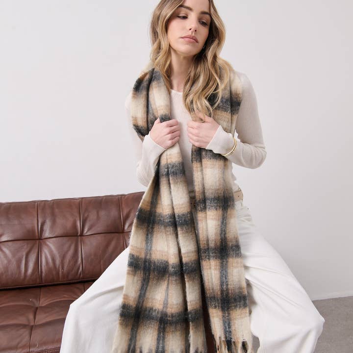 Angels Whisper Accessories - Wholesale Scarf – Women's - Elena Checkered Fluffy Scarf in White3