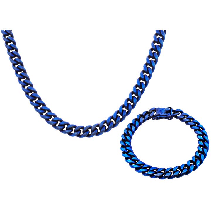 Wholesale Men's Blue Miami Cuban Link Bracelet Necklace