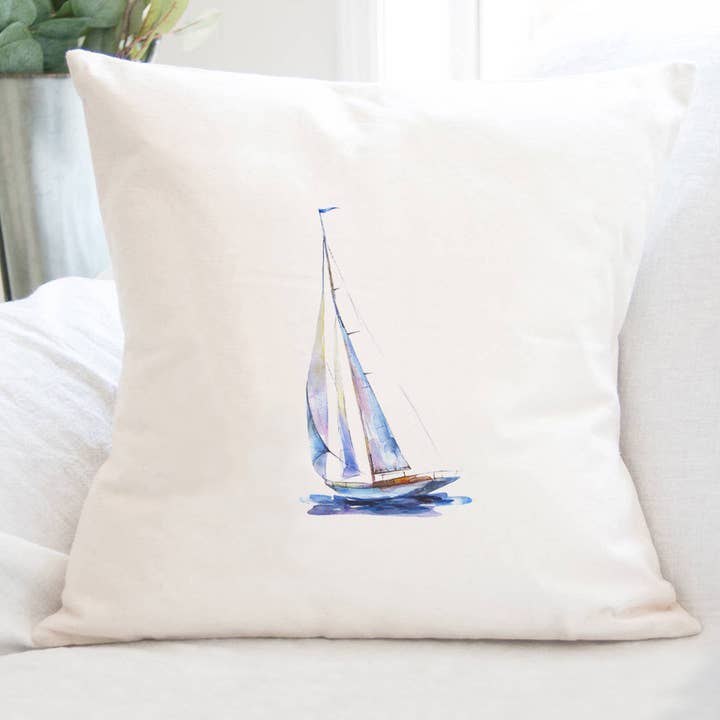 Watercolor Sailboat (Blue) - Square Canvas Pillow for wholesale by Cottage Shore