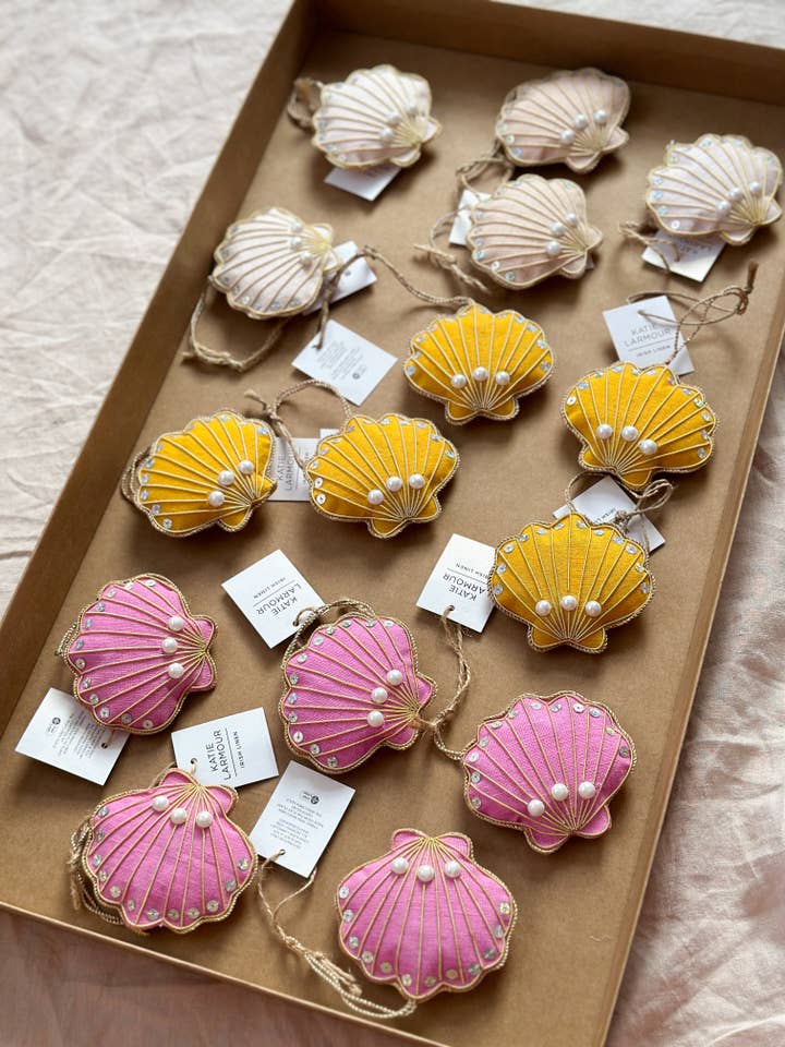 (15 pcs) Assorted Pink Yellow Shells Linen Handmade Ornament for wholesale by Katie Larmour Linen