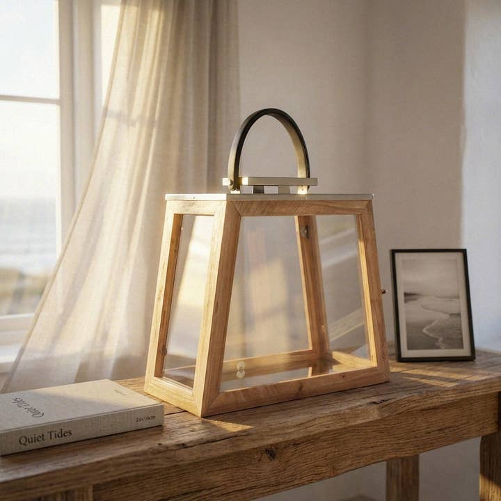 Linterna de alta calidad de madera y vidrio con asa de cuero, trapezoidal, natural, H.43 cm para venta al por mayor de Antikas