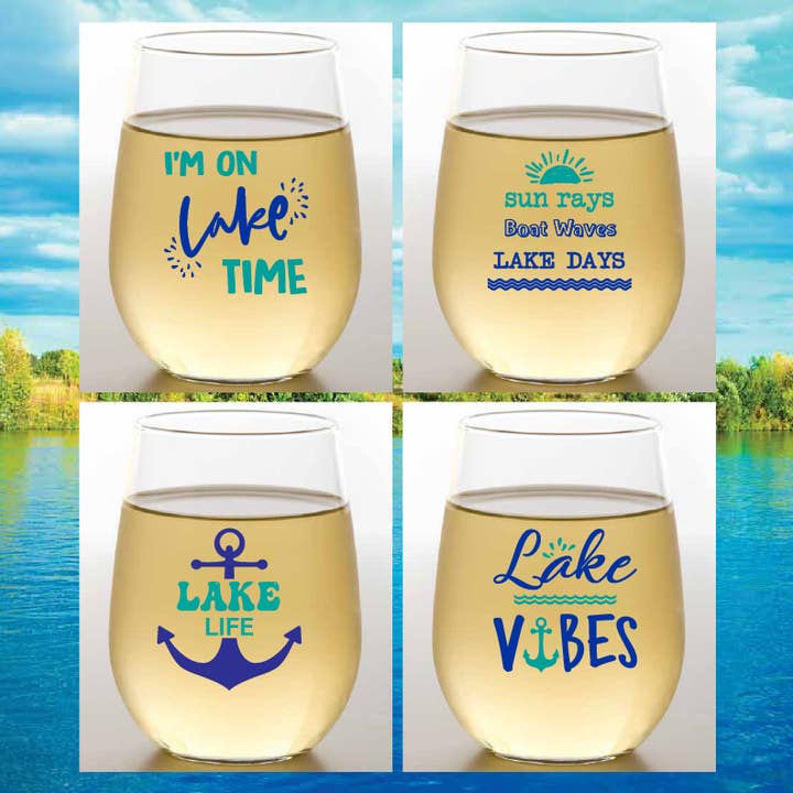 ON LAKE TIME Tritan Unbreakable Stemless Wine Tumblers for wholesale by Wine-Oh!