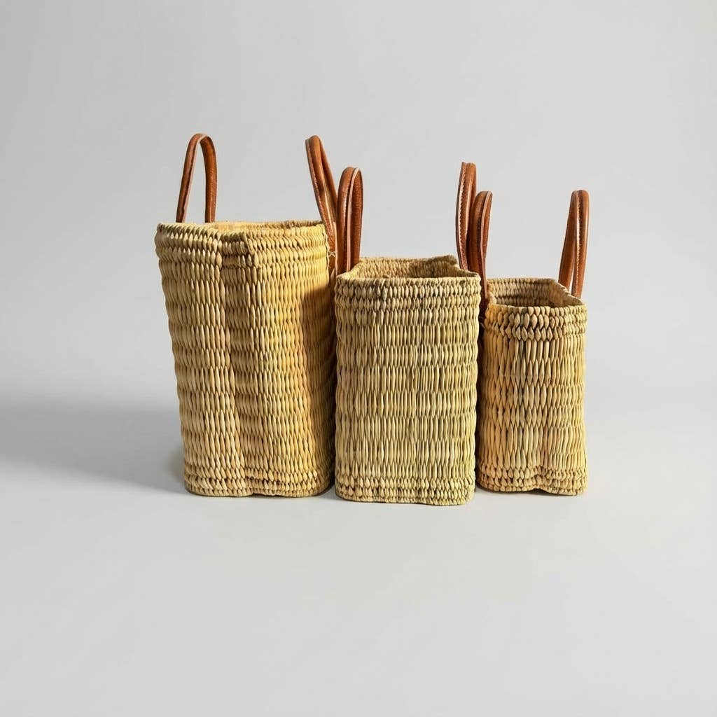 Melecraft - Wholesale Basket - Reed Market Basket Leather Handles - Natural Woven Tote Bag13