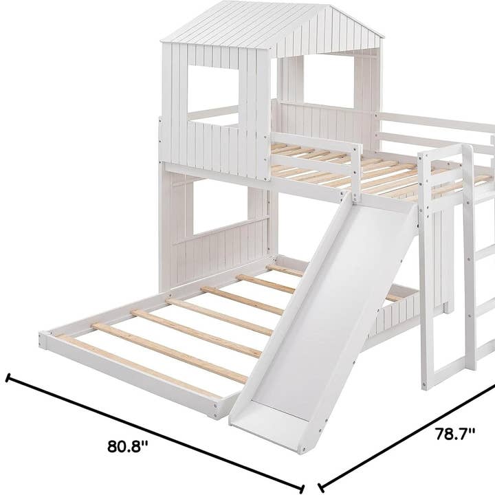 Twin Over Full Bunk Bed With Slide With Guardrails White for wholesale on Faire7