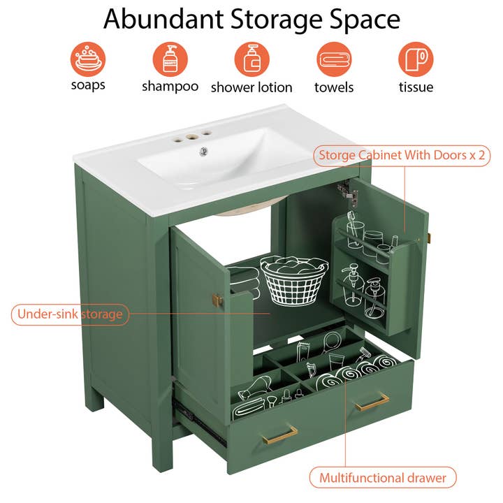 Orange County Decor - Wholesale Cabinet - 30 Inch Green Bathroom Vanity With Single Sink, Combination Under Counter Sink, Bathroom Storage Cabinet With 2 Doors And A Drawer, Soft Closure, Multifunctional Storage Wf324043 Green Bathroom5