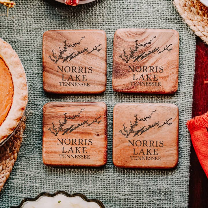 The Lillie Pad - Wholesale Coasters - Custom Lake Map Coasters - Wood Walnut Coasters Set of 41