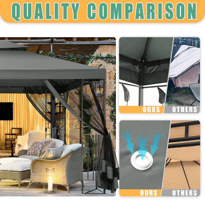 ShipItFurniture - Wholesale Tent - 10' X 13' Pop up Gazebo, Screened Patio Gazebo, Outdoor Steel Double Roof Canopy Tent, Metal Frame Canopy with Mosquito Netting, Sunshade for Garden, Lawns, Gray2