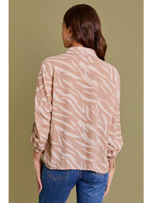 Taupe ivory Abstract ROLL-UP SLEEVE BUTTON DOWN BOTTOM TIE TOP for wholesale on Faire