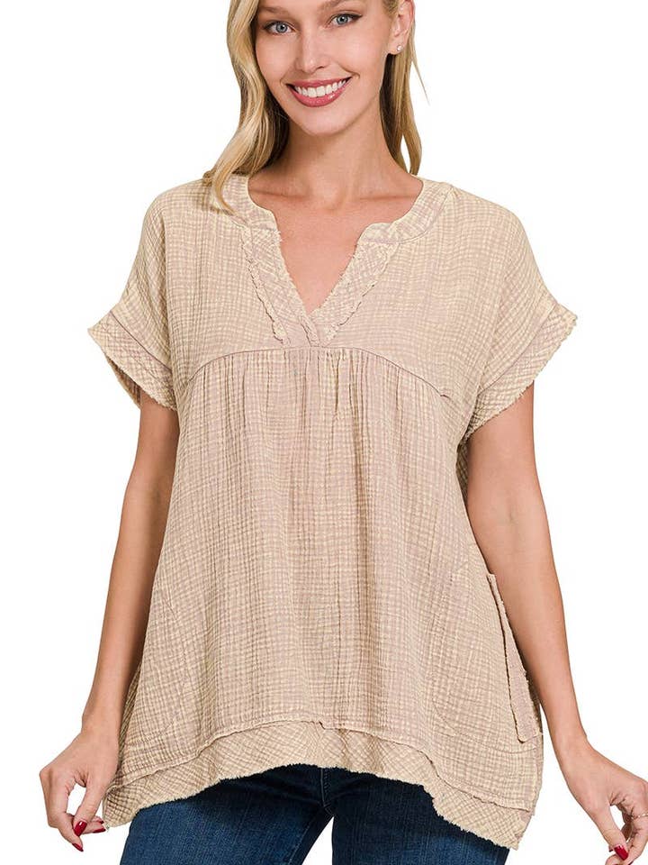 Camicia a maniche corte con bordo grezzo in doppia garza lavata per la vendita all'ingrosso da parte di Vanilla Monkey