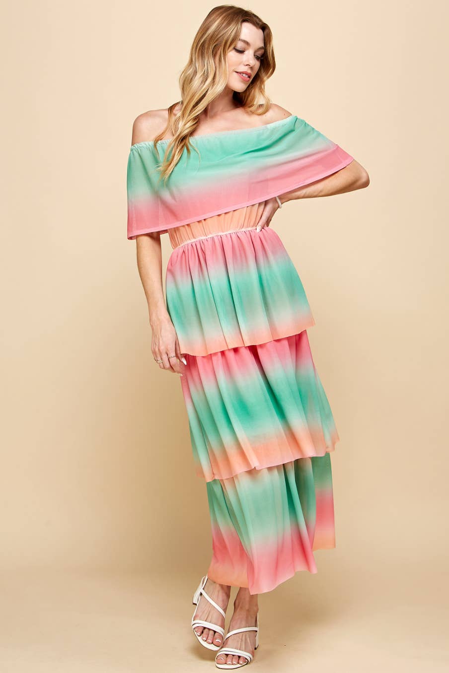 Vert/Flamant rose ISD1211B Robe arc-en-ciel à épaules dénudées vert rose en vente sur Faire6