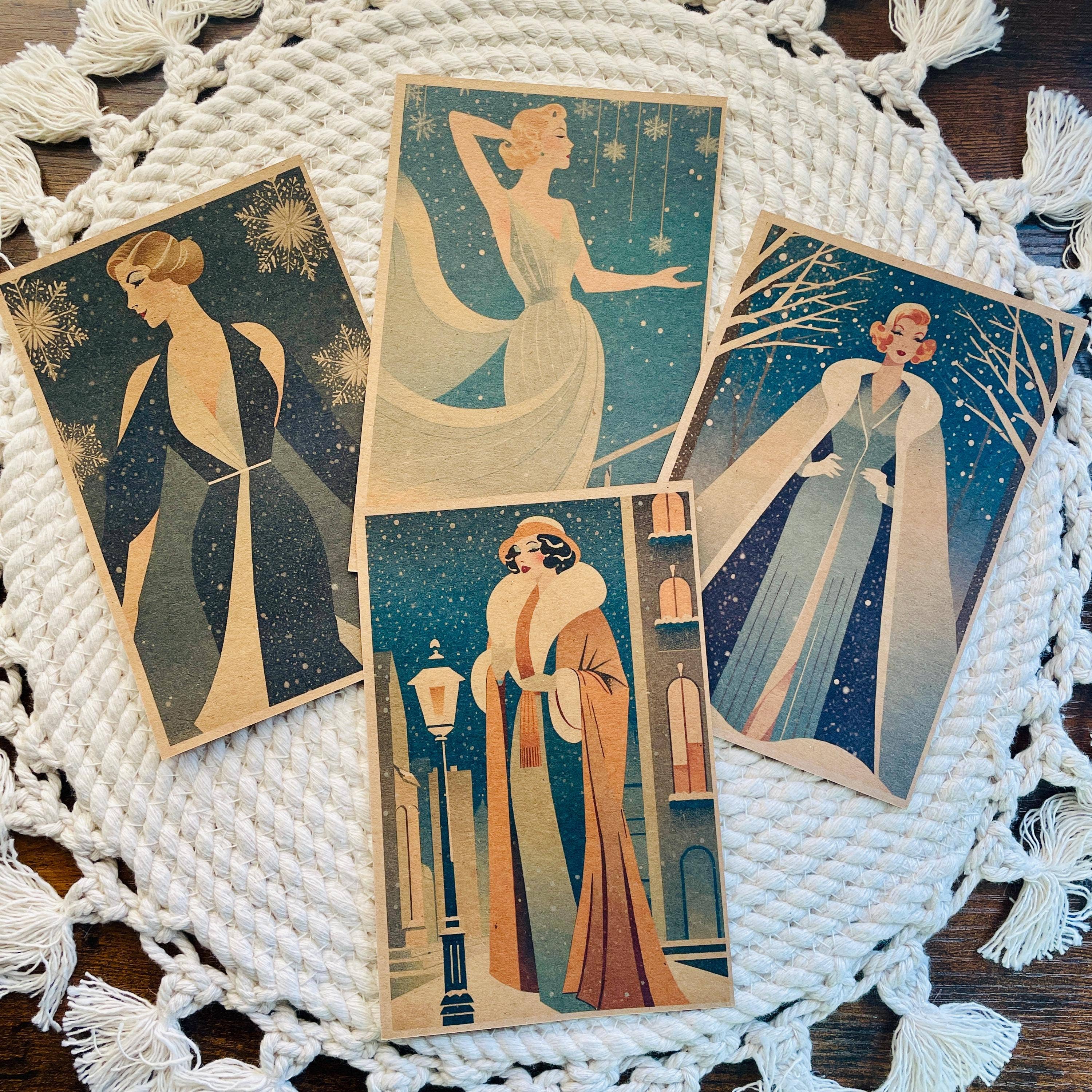 Cryptic Paper Co. - Vente Assortiment de cartes postales - Ensemble de 4 cartes postales de Noël Art déco hiver Kraft 10x15 cm1