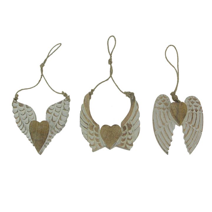 Set of 3 Wood Angel Wings Heart Sculptures Wall Décor for wholesale by Zeckos