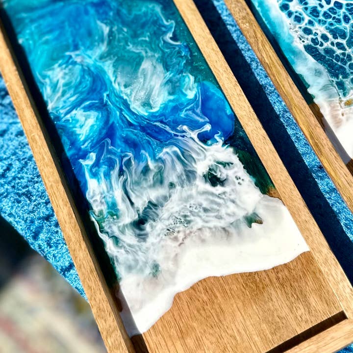Prescription Resin - Wholesale Decorative Tray - MANGO WOOD RESIN SEASCAPE OCEAN ART TRAY | SERVING PLATTER