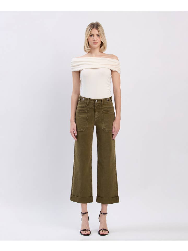 DARK OLIVE HIGH RISE TAB WAISTBAND CUFFED SLIM WIDE JEANS F5920DOL for wholesale on Faire2