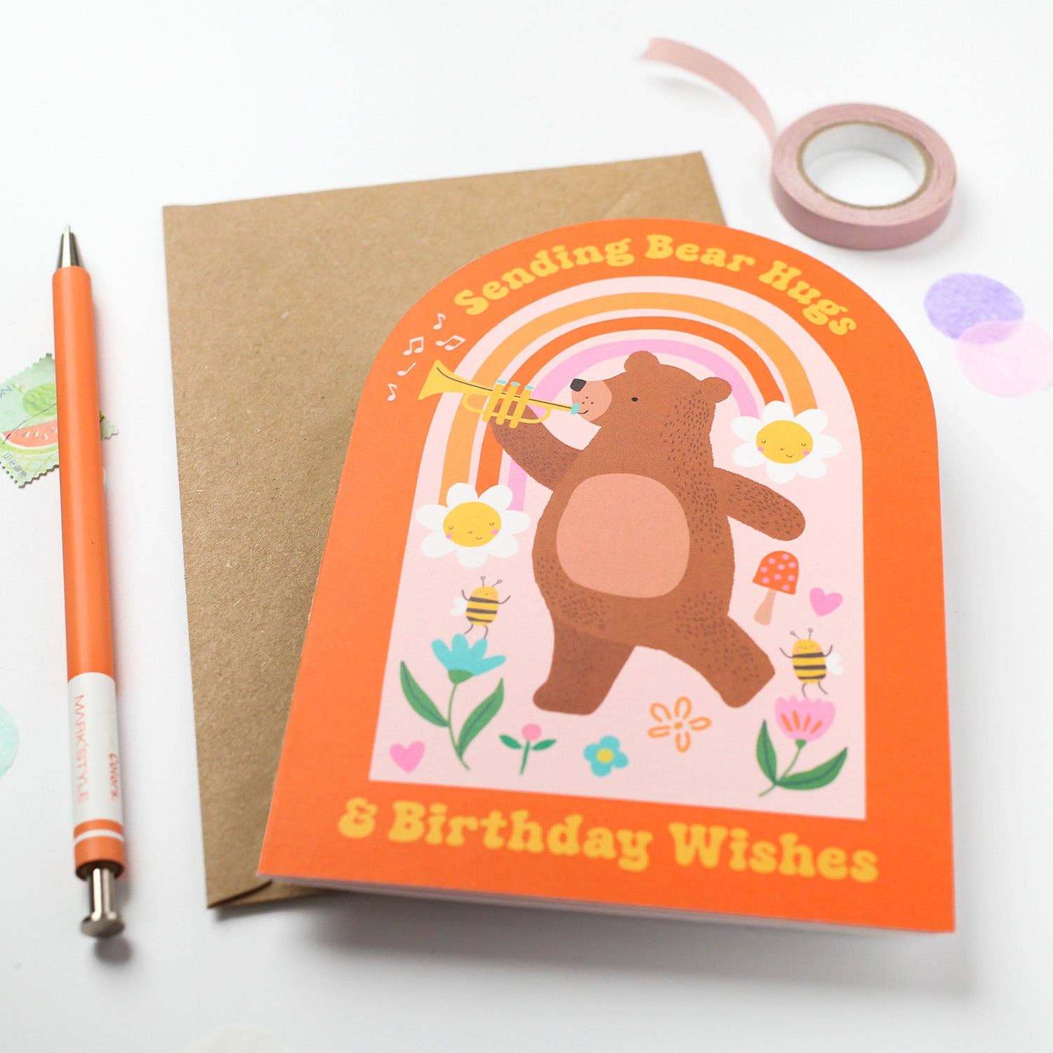 Mifkins – wholesale Birthday card – Whimsical Bear Hugs Birthday Card with Rainbow and Flowers3