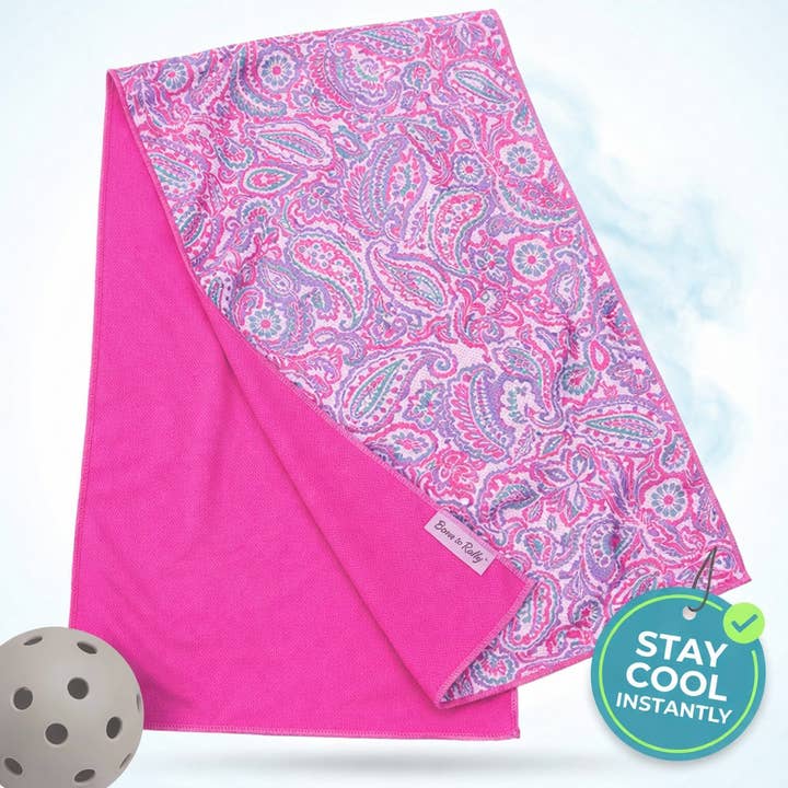 Pickleball kølehåndklæde vendbart pink paisley mikrofiber for engroshandel hos Born to Rally