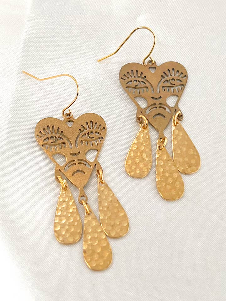 Brass Heart Teardrop Dangle Earrings - Hammered, Statement for wholesale by Golden Hour Designs