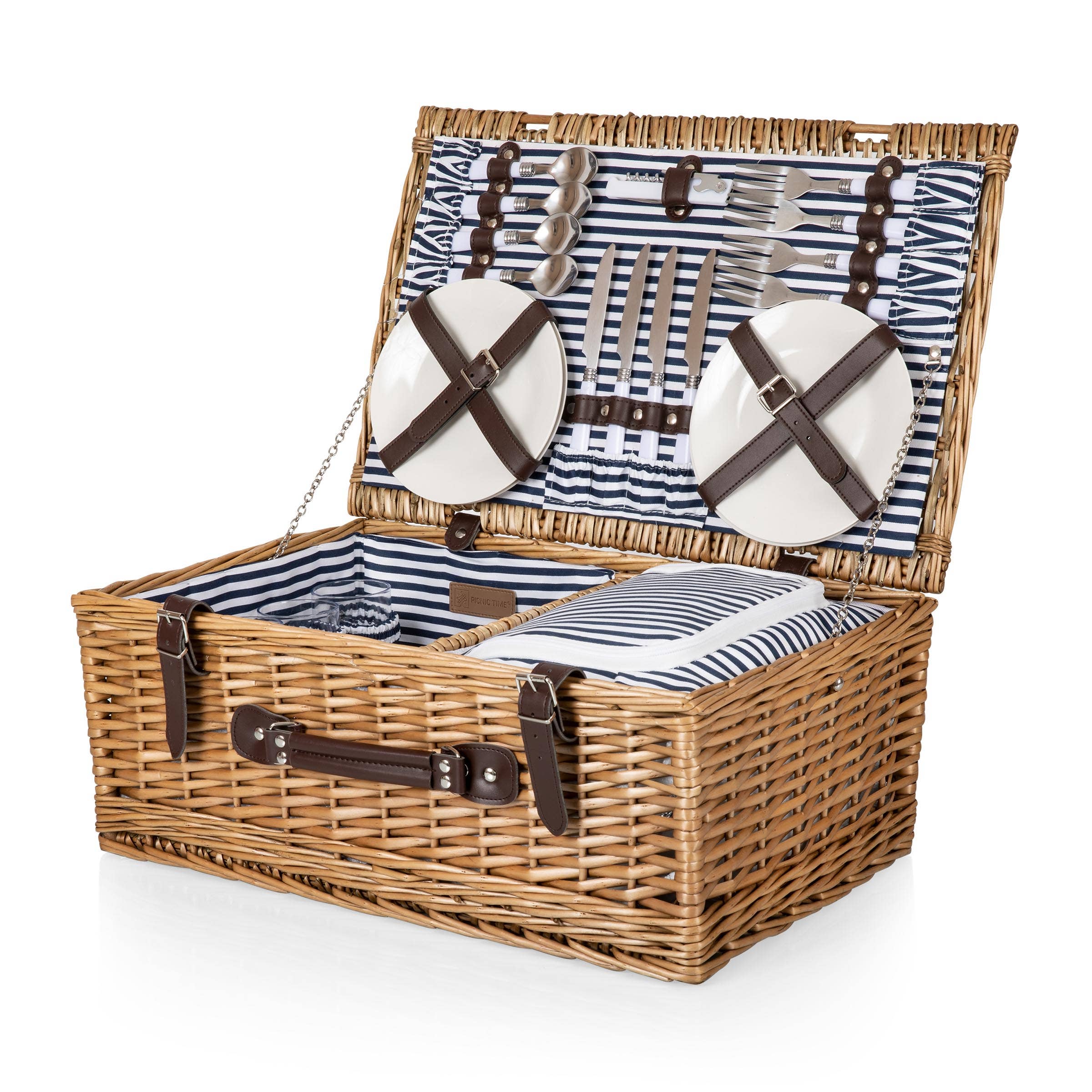 Belmont Picnic Basket, (Navy Blue & White Stripe) for wholesale on Faire12