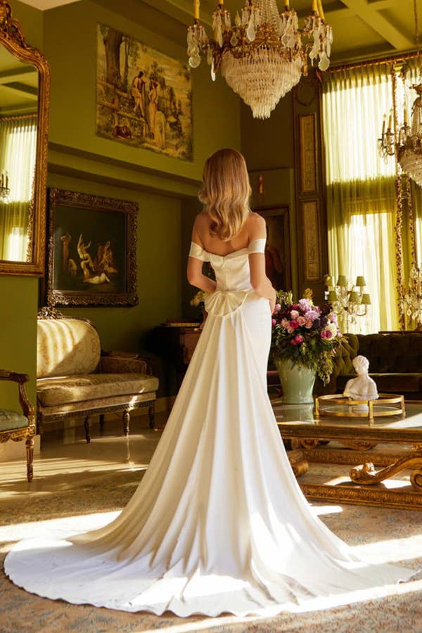 IVORY Off Shoulder Bow Back Pleated Wedding Dress for wholesale on Faire2