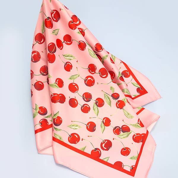 Pink CHERRY PRINT SILKY FEEL BANDANA SCARF | 40SC626 for wholesale on Faire
