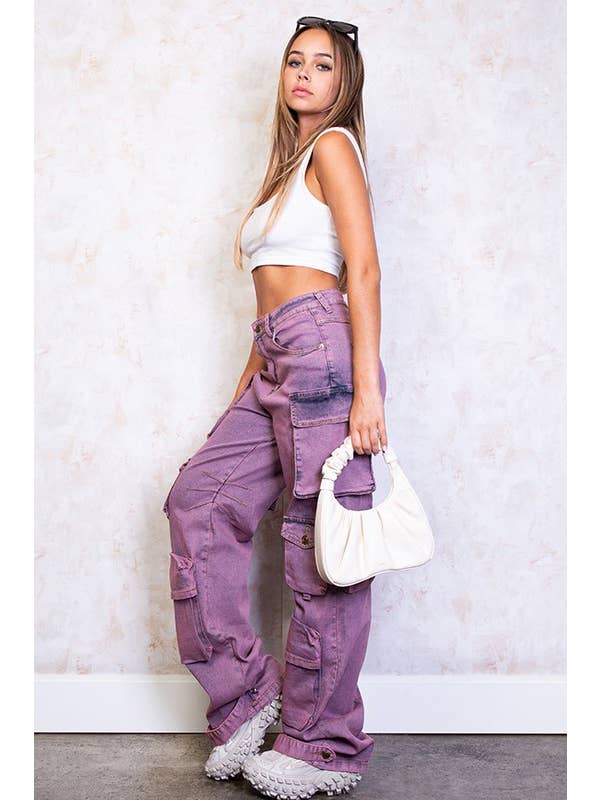 Rehab Lab - Wholesale Jeans - Women's - Purple Washed Cargo Denim Jeans With Pockets