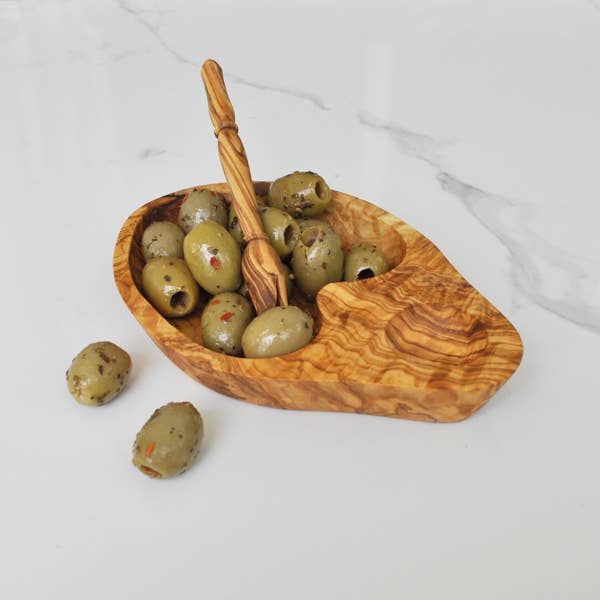 Olive Wood Olive Dish with Olive Stabber Gift Set for wholesale by Naturally Med Inc.