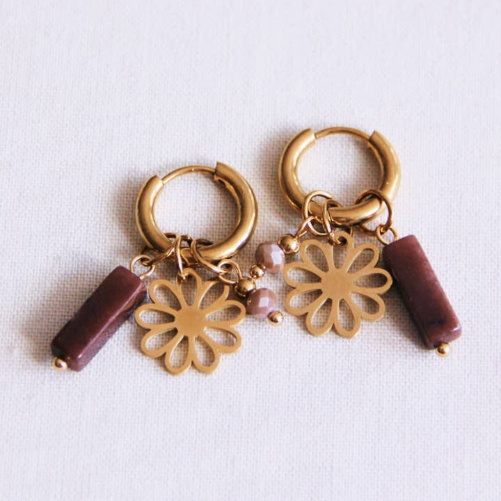 Wide earring with tube, facet and flower - mocha for wholesale by Bazou