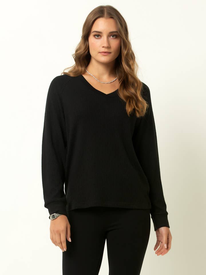 Cape Cod Classic Ribbed V-Neck Sweater - Black for wholesale by Felina