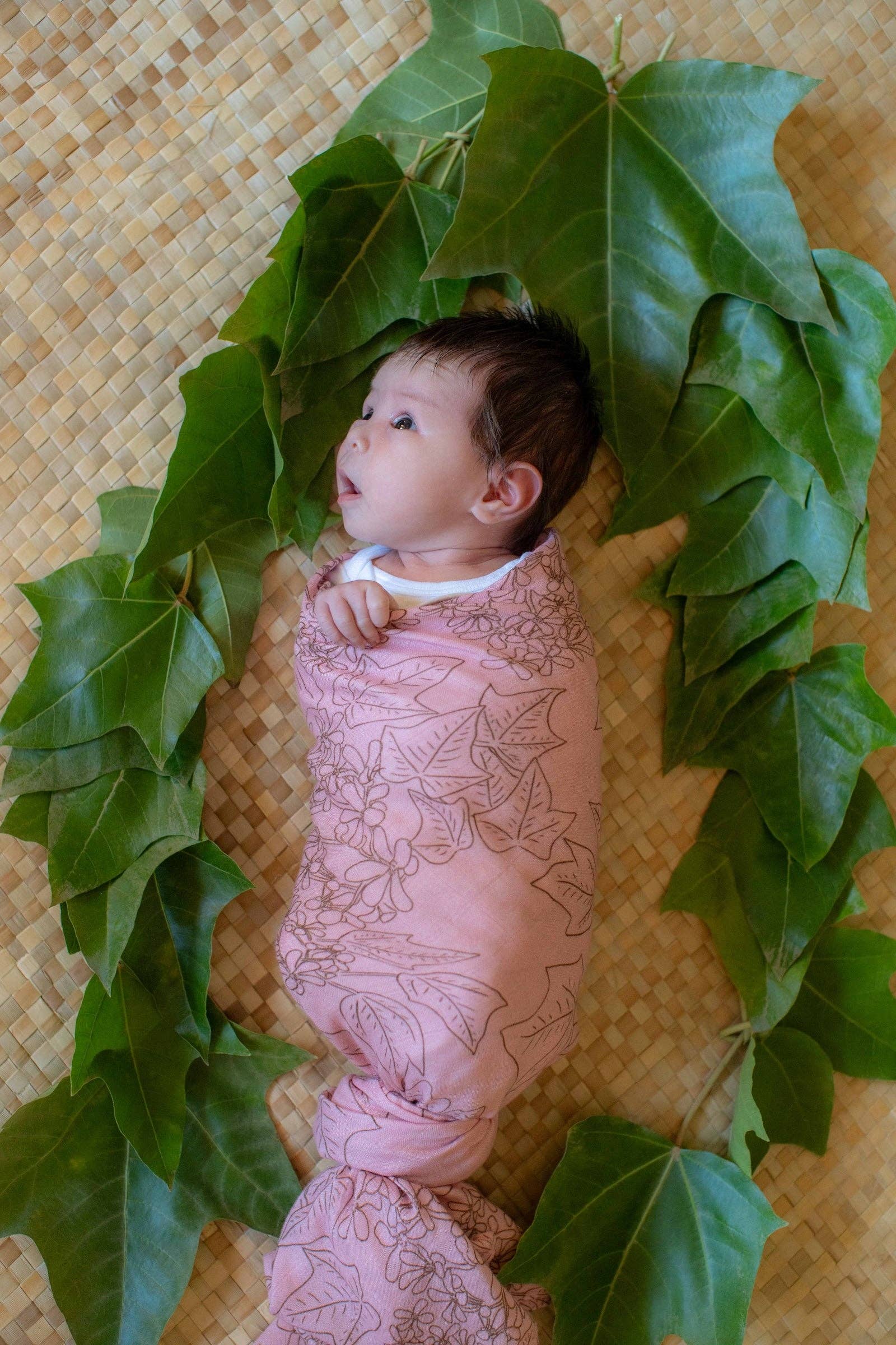 The Keiki Dept - Wholesale Swaddle - Baby - Pink Pua Kukui Kapa Moe - Hawaiian Bamboo Swaddle1