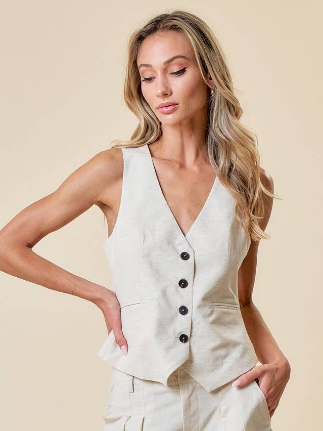 SIJ5301A GILET À COL EN V EN MÉLANGE DE LIN pour la vente par Saints & Hearts