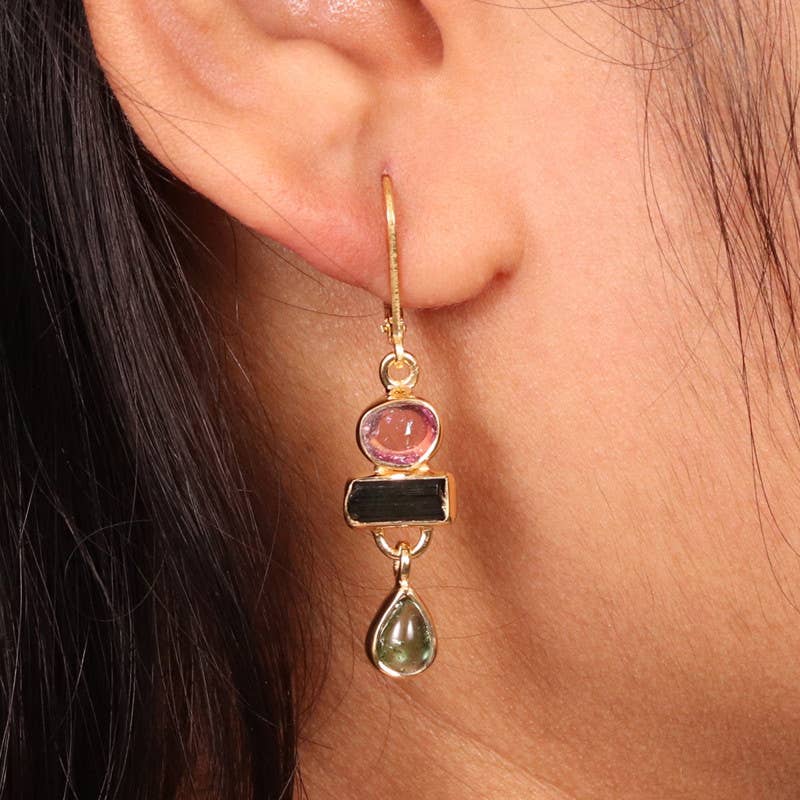 Jay Jools - Wholesale Dangle Earrings - Watermelon Tourmaline Earrings: 925 Solid Silver Gold Plated1