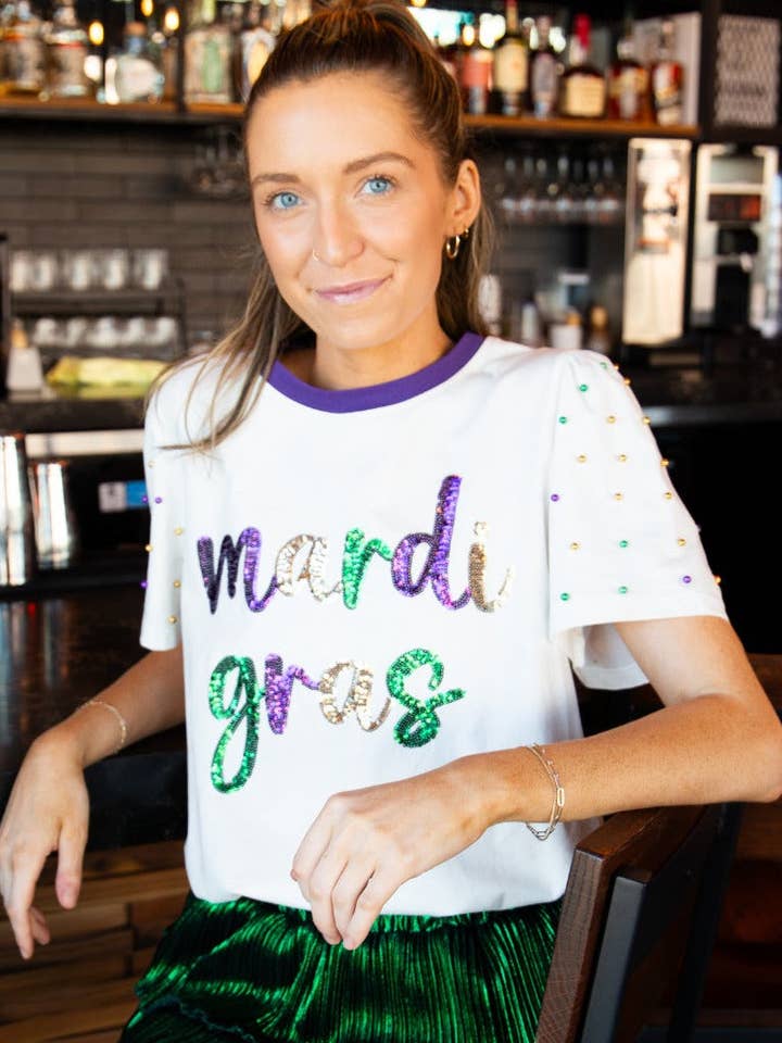Sequin "Mardi Gras" on White Princess Top for wholesale by GRACE+EMMA by Southern Grace