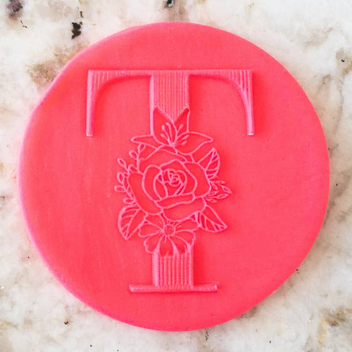 Floral Alphabet Letter T POPup Embosser Stamp Cookie Biscuit for wholesale by Cut Bake Stamp