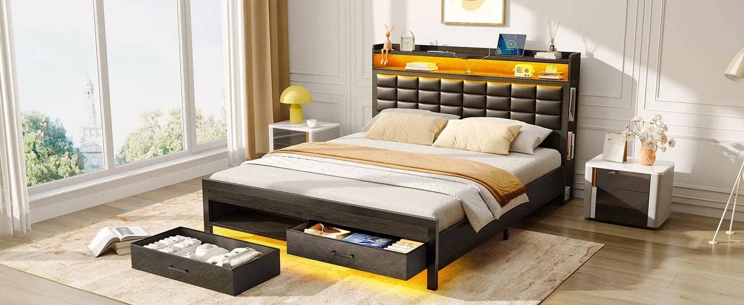 American Smart - Wholesale Bed - Bed Frame with Storage Headboard & 2 Drawers,Upholstered Platform Bed with Charging Station & LED Light,Heavy Duty Frame Support8