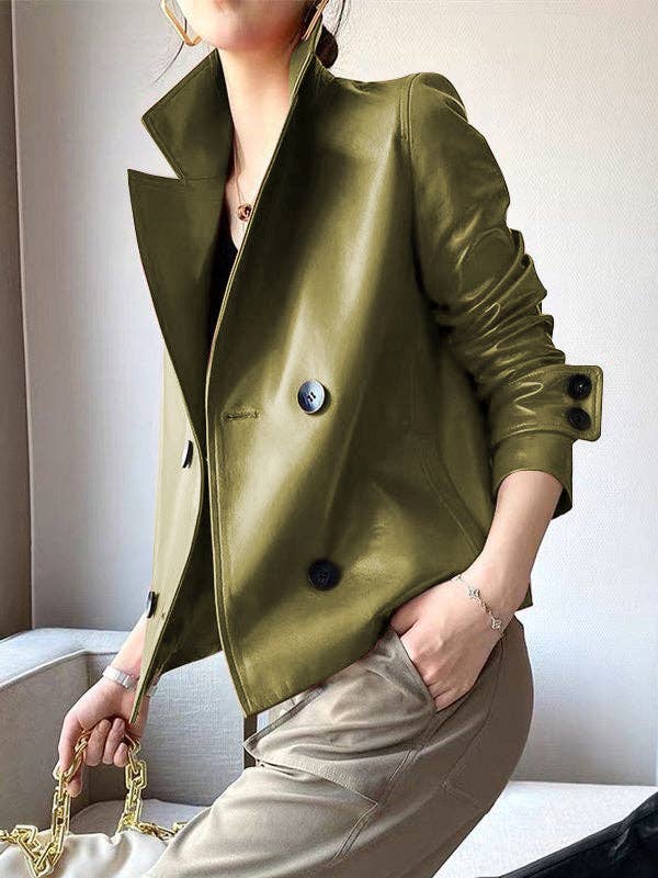Sheer Trend - Wholesale Leather Jacket - Women's - Long Sleeve Solid Color Notched Collar Jacket3