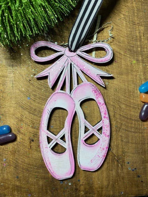 Dance ballet slippers ornament hand painted personalizable for wholesale by Pink Fish Studios, LLC.