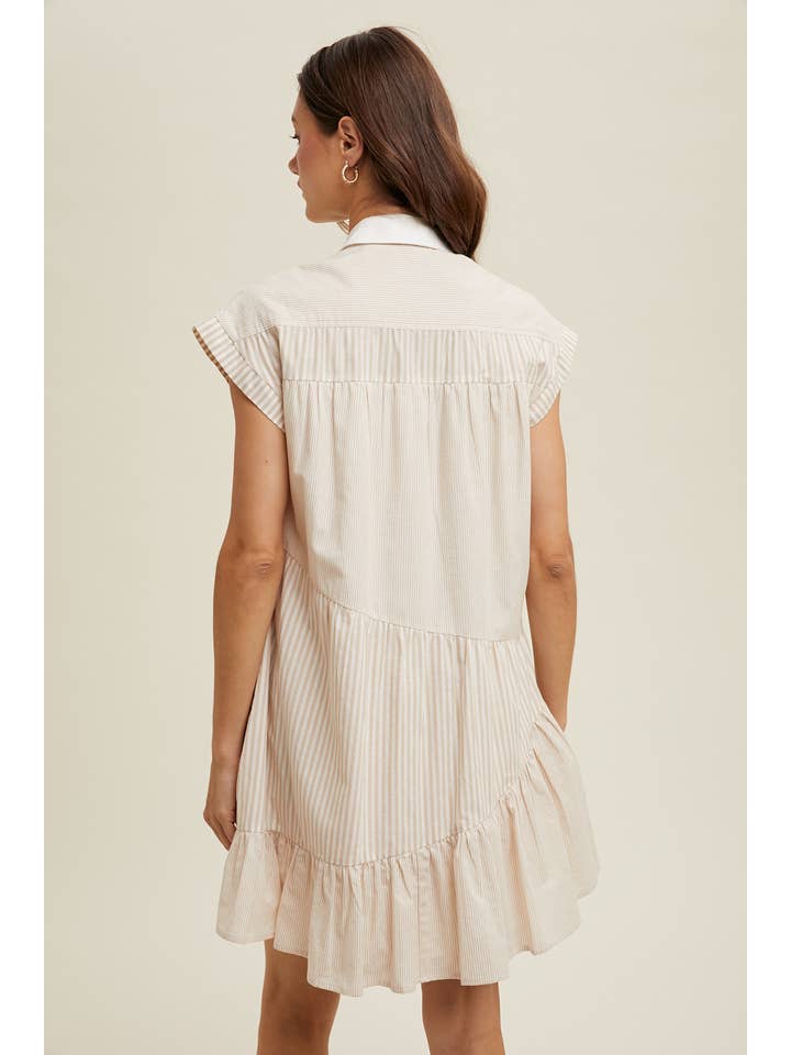 TAUPE WHITE MULTI-STRIPED BUTTON-UP MINI DRESS / WL24-9445 for wholesale on Faire3