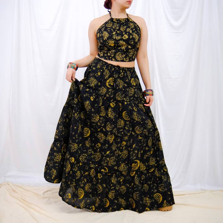 Karma Nepal Crafts - Wholesale Top & skirt set – Women's - Flowy Cotton Tiered Skirt with Pockets and Halter Top